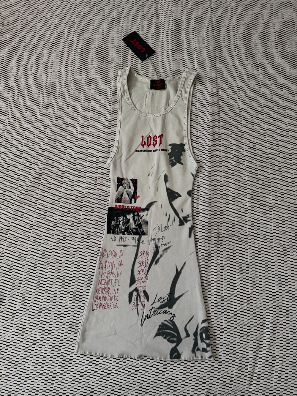 LOST White Graphic Studded Tank Mini Dress